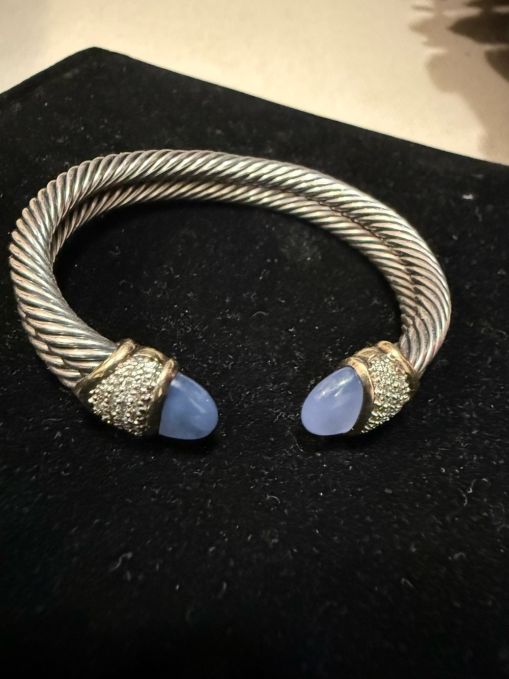 David Yurman Silver Cable Cuff with Blue Chalcedony and Pave Diamonds